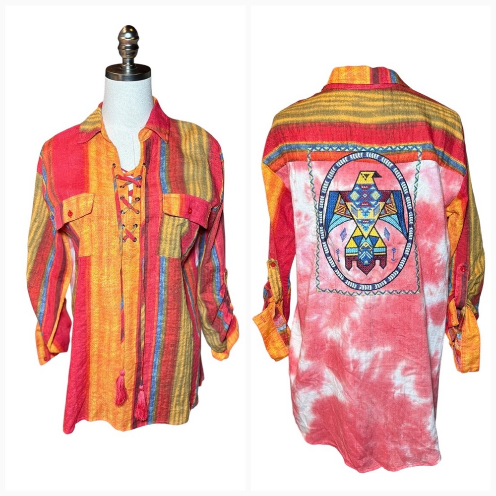 Savanna Jane Embroidered Shirt Striped Roll Tab Sleeve Aztec Boho Ladies S